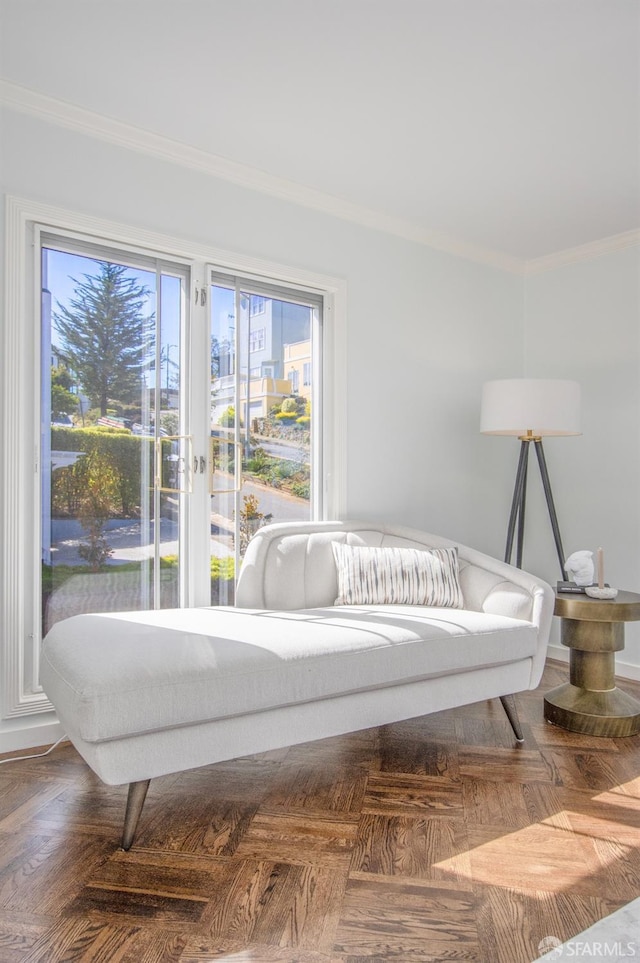 living area with ornamental molding