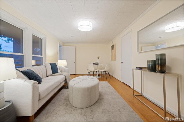 living room featuring crown molding and wood finished floors