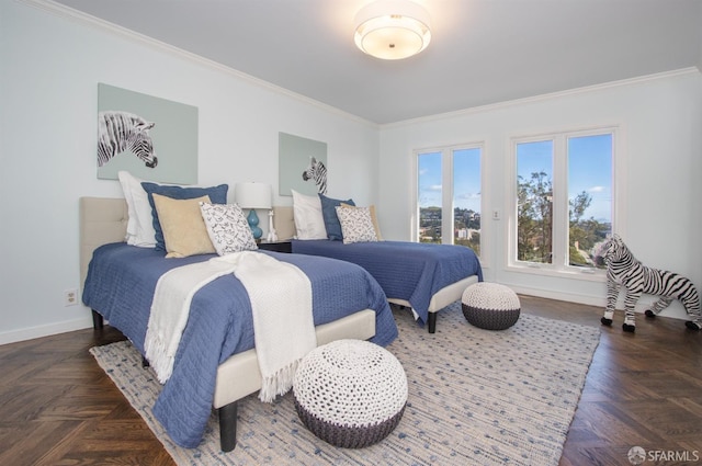 bedroom featuring ornamental molding and baseboards