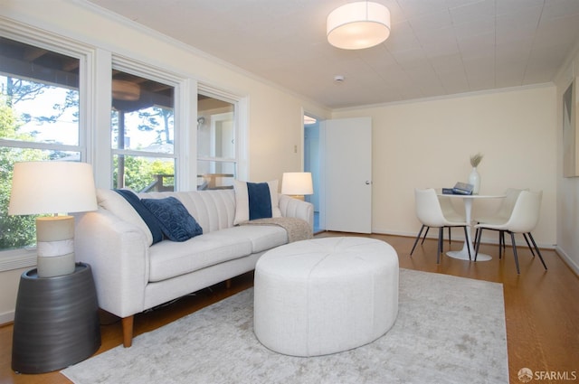 living room with baseboards, wood finished floors, and crown molding