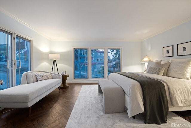 bedroom featuring access to outside, ornamental molding, and baseboards