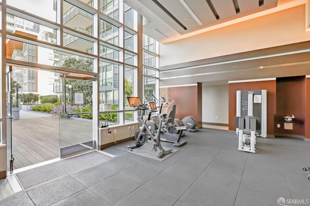 gym featuring a wall of windows and a high ceiling