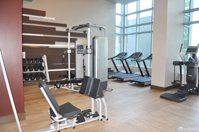 gym with a towering ceiling