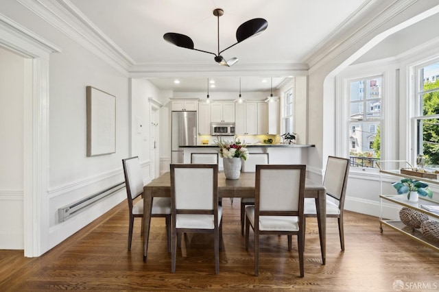 1856 Franklin St Unit 4, San Francisco, CA 94109 - dining space featuring crown molding, a baseboard radiator, dark wood finished floors, and a decorative wall