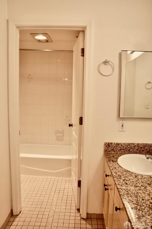 full bath featuring tile patterned floors, shower / washtub combination, and vanity