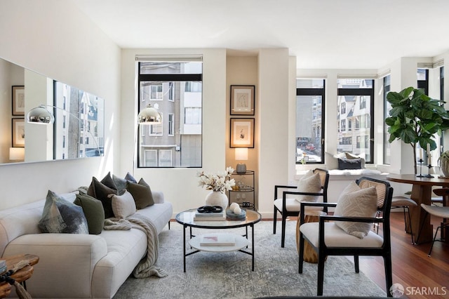 living room featuring a wealth of natural light and hardwood / wood-style floors