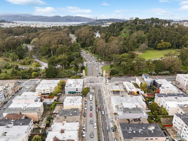 drone / aerial view with a forest view and a mountain view