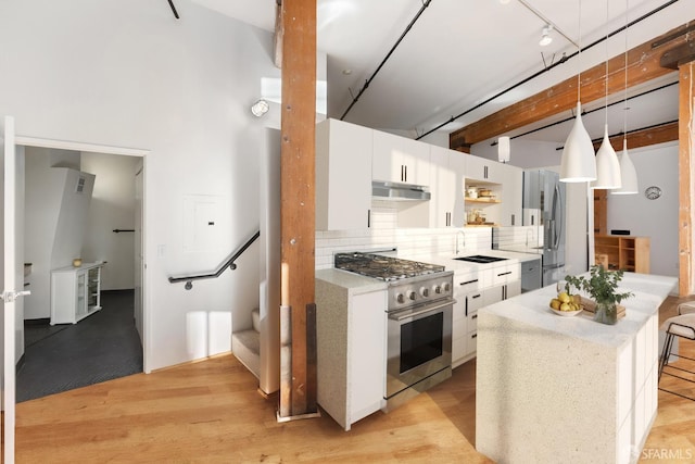 461 2nd St Unit 228C, San Francisco, CA 94107 - kitchen with under cabinet range hood, track lighting, white cabinets, a sink, and light countertops