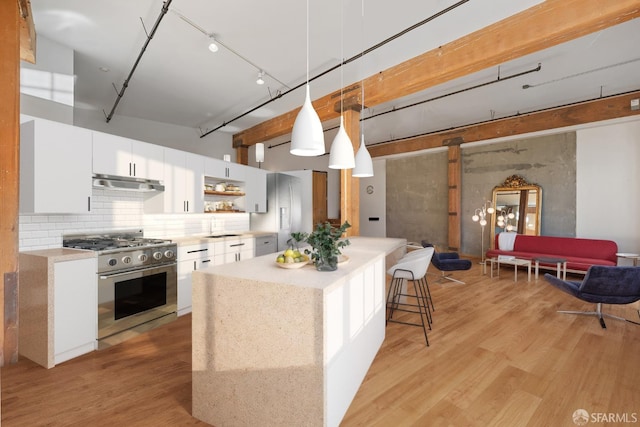 461 2nd St Unit 228C, San Francisco, CA 94107 - kitchen with stainless steel range with gas stovetop, under cabinet range hood, light wood-style floors, light countertops, and tasteful backsplash