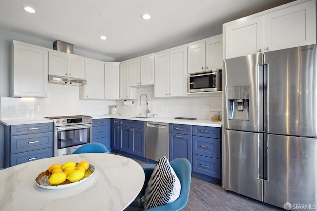 kitchen with stainless steel appliances, a sink, under cabinet range hood, recessed lighting, and white cabinets
