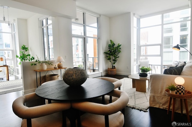 dining room featuring expansive windows, baseboards, and wood finished floors