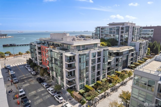 aerial view featuring a water view