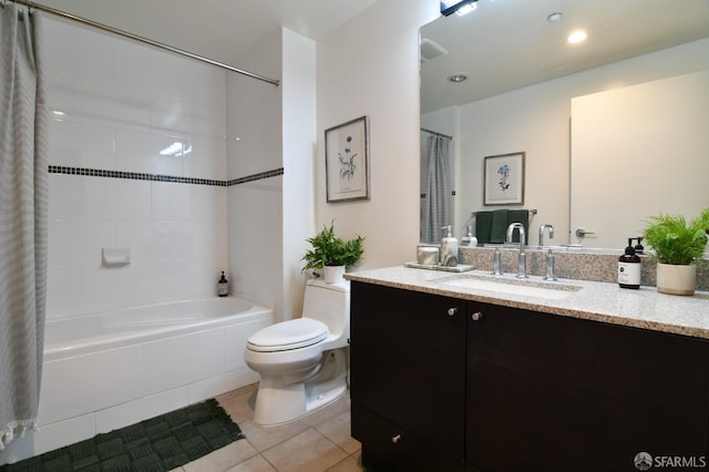 bathroom with shower / tub combo with curtain, recessed lighting, toilet, vanity, and tile patterned flooring