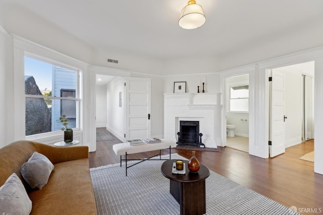 living room featuring a wealth of natural light and hardwood / wood-style flooring