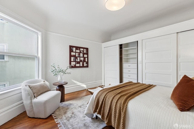 bedroom with hardwood / wood-style flooring and multiple windows