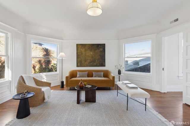 living room with a healthy amount of sunlight and wood-type flooring