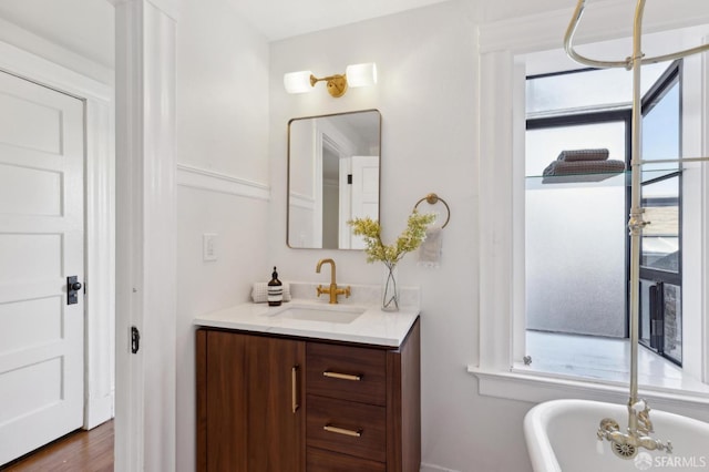 bathroom featuring vanity, a bathtub, and hardwood / wood-style flooring