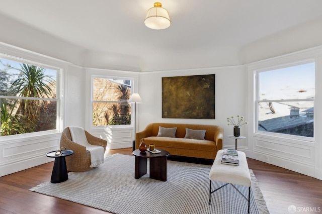 living room with dark hardwood / wood-style flooring