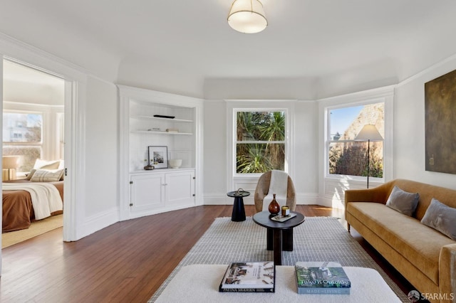 living room with dark hardwood / wood-style floors and built in shelves