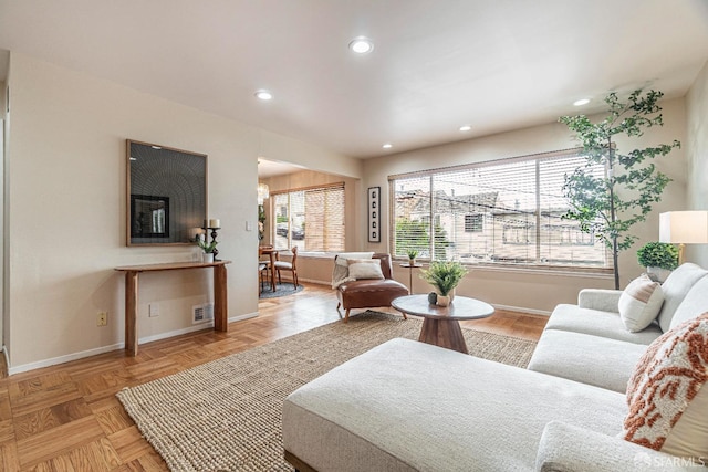 living room with light parquet floors