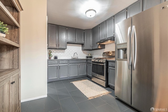 kitchen with sink, dark tile patterned floors, appliances with stainless steel finishes, gray cabinetry, and decorative backsplash