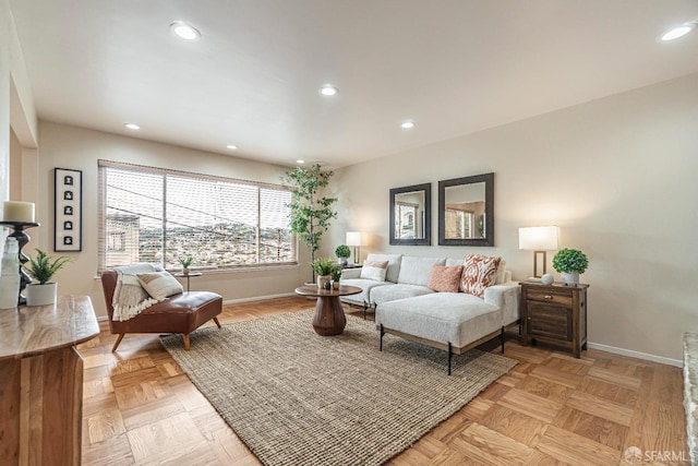 living room featuring light parquet floors