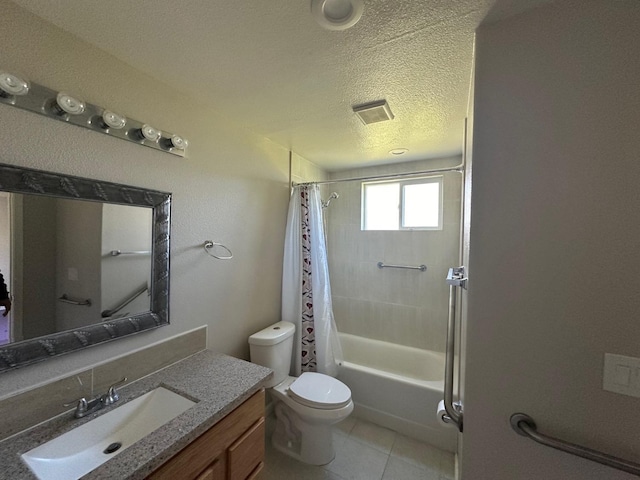 full bathroom with shower / bath combo, vanity, a textured ceiling, tile patterned floors, and toilet