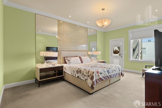 bedroom with light carpet and crown molding