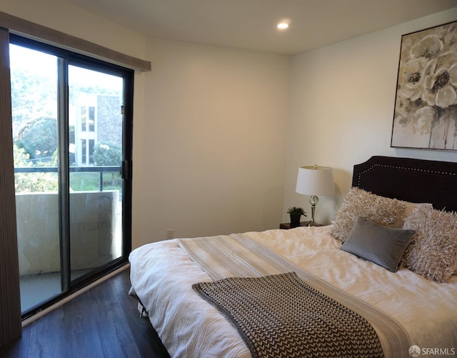 bedroom featuring access to outside, recessed lighting, and wood finished floors