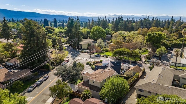 aerial view with a view of trees and a mountain view