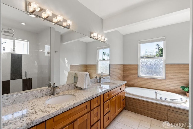 bathroom featuring a sink, a healthy amount of sunlight, and a shower stall