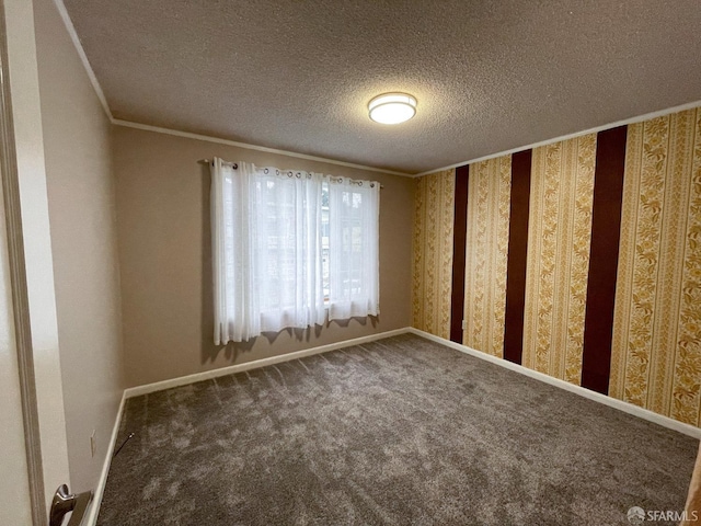 carpeted empty room with ornamental molding and a textured ceiling