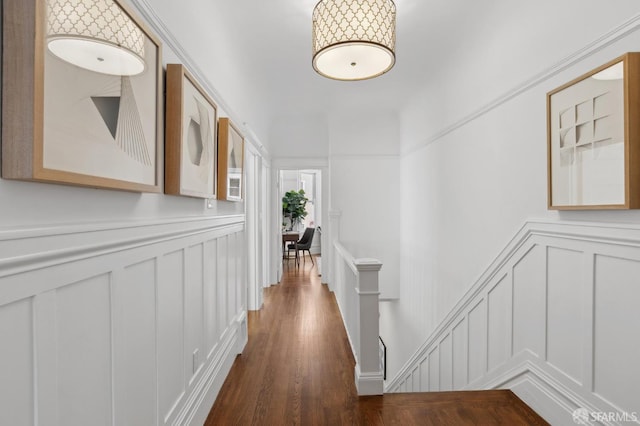 1265 Union St, San Francisco, CA 94109 - hall with a decorative wall, an upstairs landing, dark wood finished floors, and wainscoting