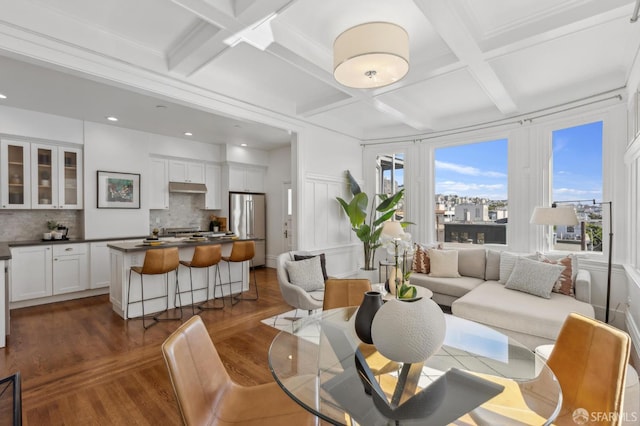 1265 Union St, San Francisco, CA 94109 - living area with coffered ceiling, dark wood-style floors, beamed ceiling, and recessed lighting