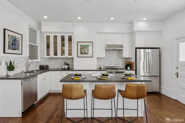 1265 Union St, San Francisco, CA 94109 - kitchen with stainless steel appliances, under cabinet range hood, a sink, dark countertops, and a kitchen island