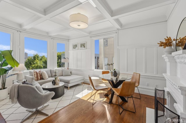 1265 Union St, San Francisco, CA 94109 - living area with a decorative wall, beamed ceiling, coffered ceiling, light wood-type flooring, and wainscoting