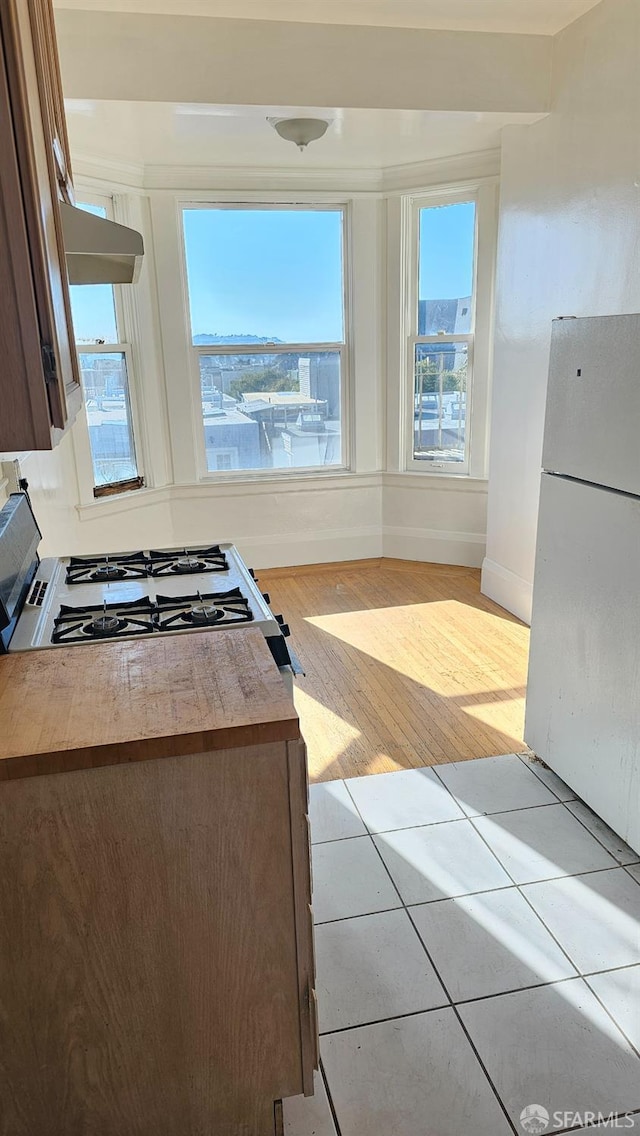 kitchen featuring white refrigerator, light hardwood / wood-style floors, and range with gas cooktop