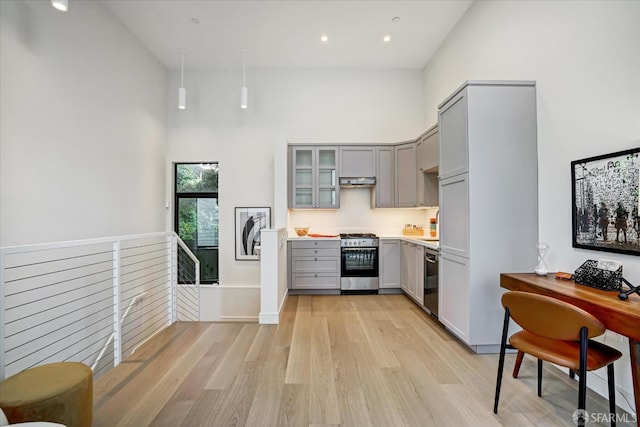 150 Eureka St, San Francisco, CA 94114 - kitchen with gray cabinetry, stainless steel appliances, a high ceiling, light wood-style floors, and light countertops