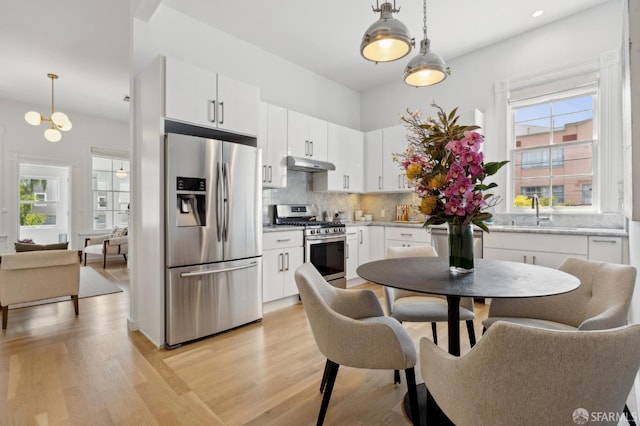 3031 20th St, San Francisco, CA 94110 - kitchen with appliances with stainless steel finishes, under cabinet range hood, decorative backsplash, light wood-style floors, and light countertops