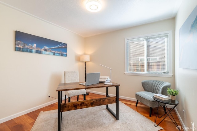 office space with baseboards and wood finished floors