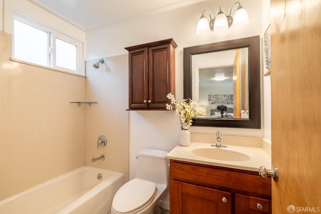 bathroom with toilet, washtub / shower combination, ornamental molding, and vanity