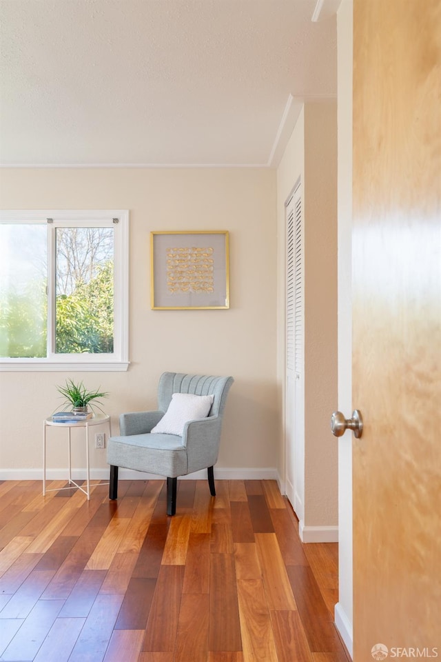 living area featuring wood-type flooring and baseboards