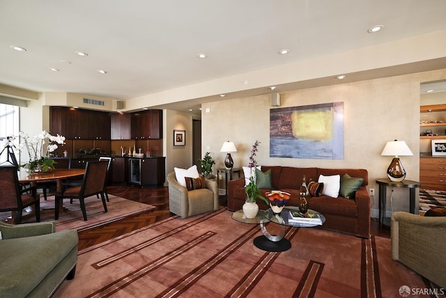 765 Market St Unit 22D, San Francisco, CA 94103 - living room featuring wet bar, wine cooler, and recessed lighting