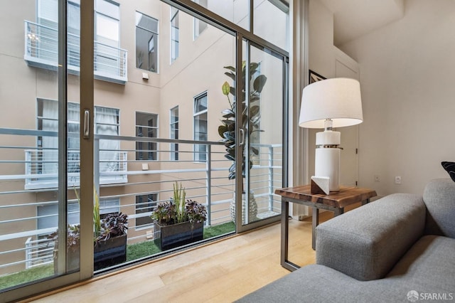 interior space featuring hardwood / wood-style flooring and a high ceiling