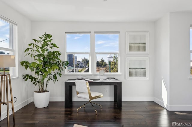 home office with a healthy amount of sunlight and dark hardwood / wood-style floors