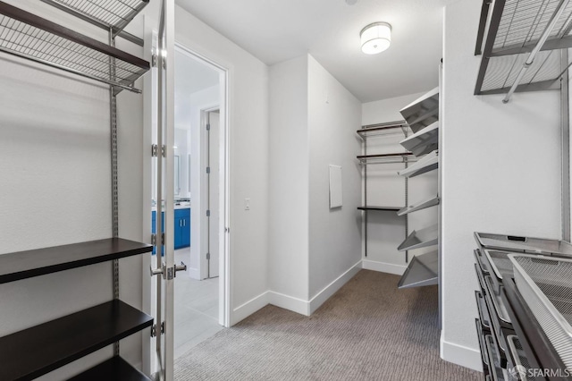 spacious closet featuring light colored carpet