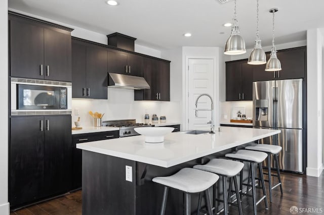 kitchen featuring sink, dark hardwood / wood-style floors, a center island with sink, and stainless steel appliances