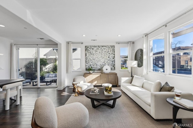 living room featuring plenty of natural light and dark hardwood / wood-style floors