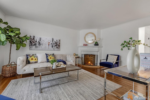 1187 Hollister St, San Francisco, CA 94124 - living room with wood finished floors, a warm lit fireplace, and crown molding