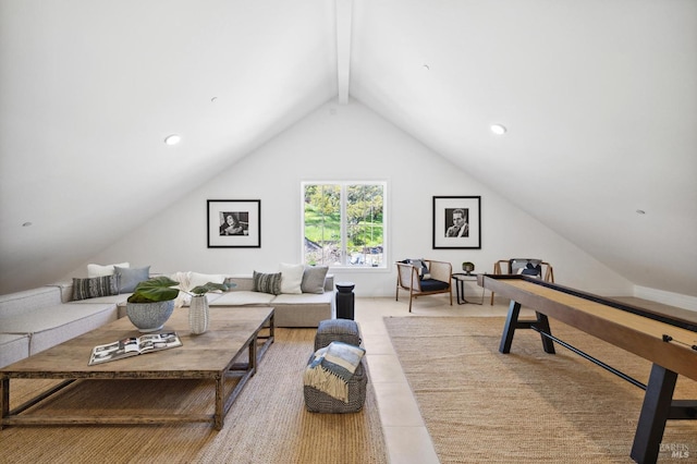 tiled living room with vaulted ceiling with beams